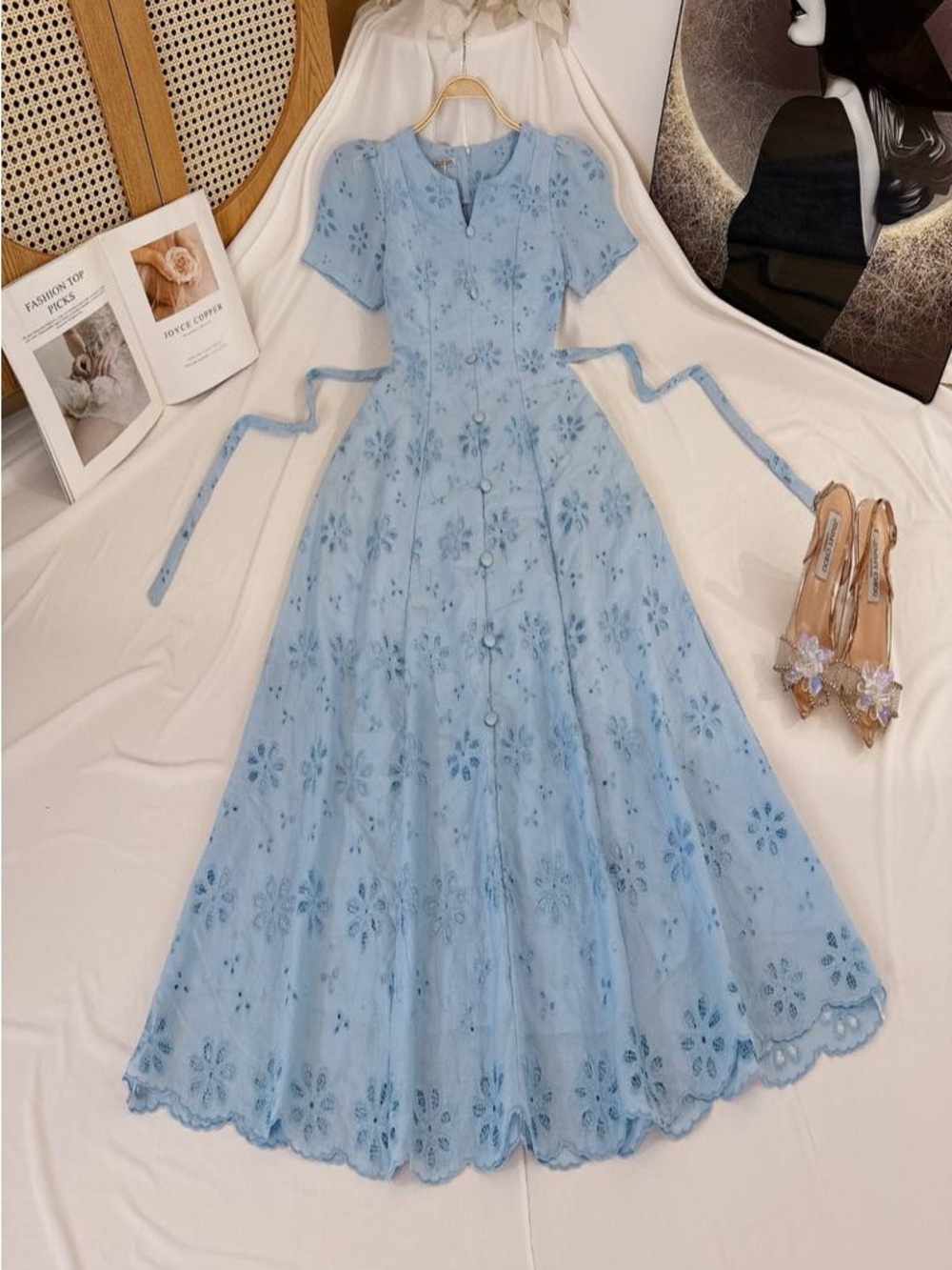 Light Blue Eyelet Maxi Dress with Waist Ties
